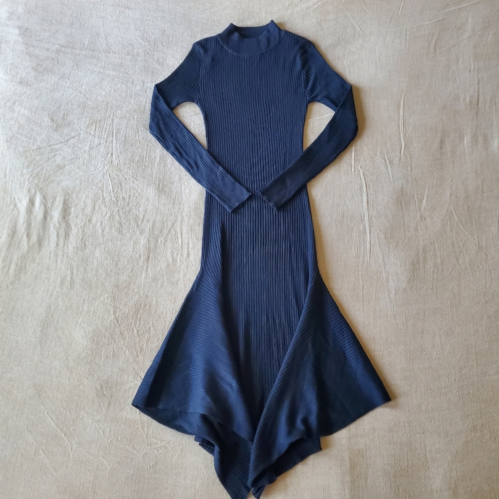 Women's Ribbed Asymmetric Black Sweater Dress Medium